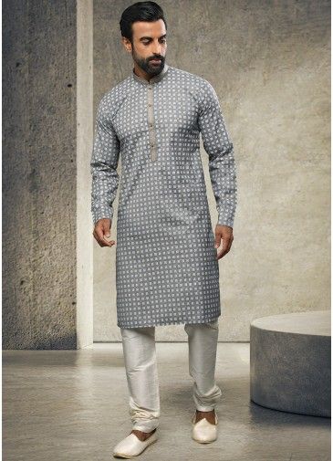 Grey Mens Printed Style Kurta & Pajama