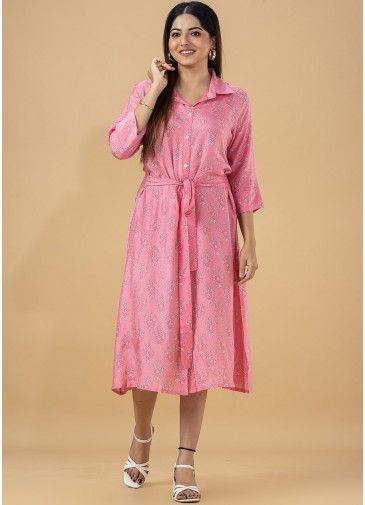 Pink Floral Print Cotton Dress