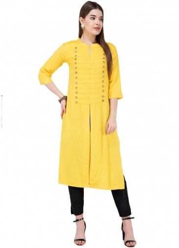 Yellow Slit Style Kurta Set In Rayon