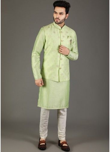 Mens Green Kurta Pajama With Woven Nehru Jacket