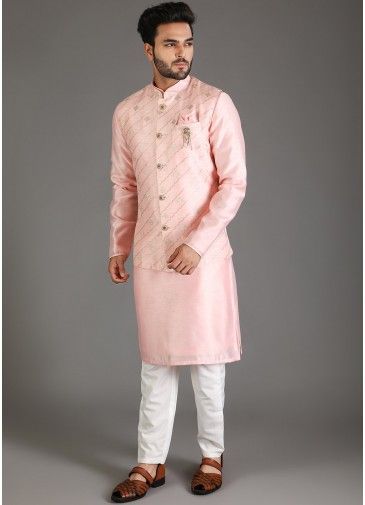 Pink Readymade Kurta Pajama & Nehru Jacket In Woven Work