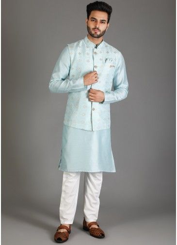 Blue Kurta Pajama & Mens Woven Nehru Jacket
