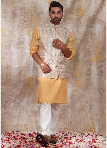 Yellow Embellished Kurta Pajama & Nehru Jacket
