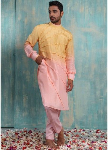 Shaded Yellow & Pink Readymade Kurta Pajama Set