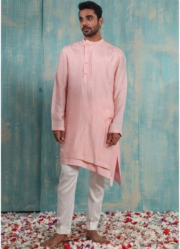 Pink Plain Mens Asymmetric Kurta Pajama Set