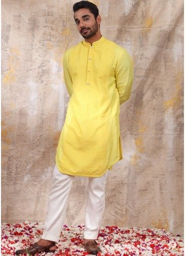 Readymade Mens Yellow Kurta Pajama In Silk