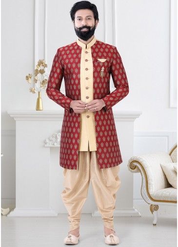 Golden Jacket Style Woven Indo Western Sherwani Set