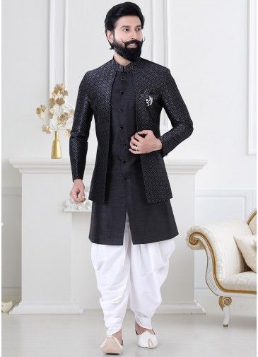 Black Embroidered Jacket Style Indo Western Sherwani