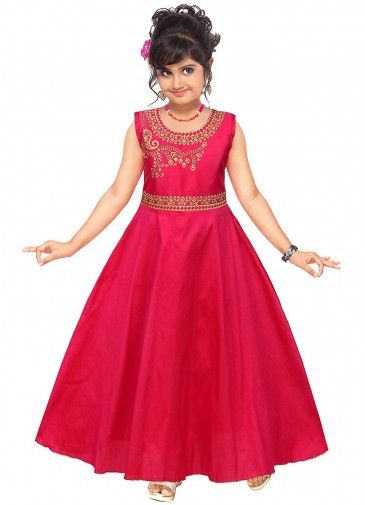 Red Embroidered Readymade Art Silk Kids Gown