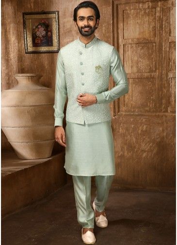 Readymade Green Kurta Pant With Embroidered Jacket