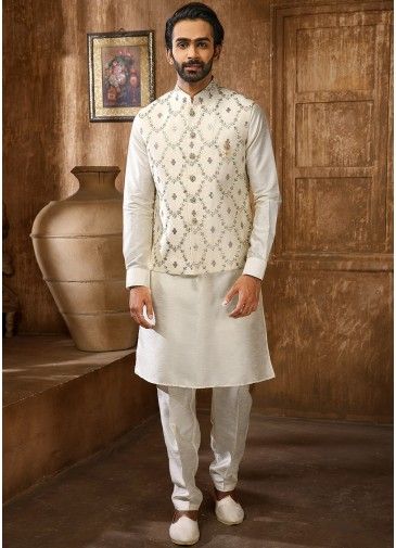 Cream Kurta Pajama With Embellished Nehru Jacket