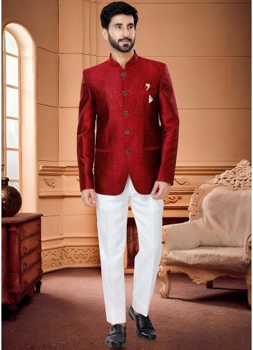 Mens Red Woven Bandhgala Jodhpuri Suit