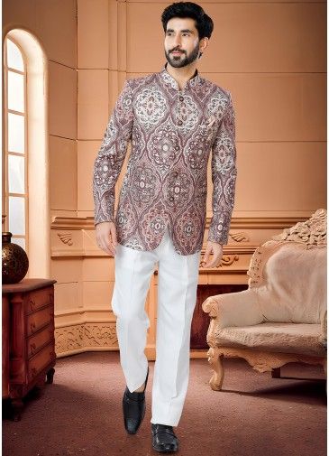Pink Mens Woven Bandhgala Jodhpuri Suit
