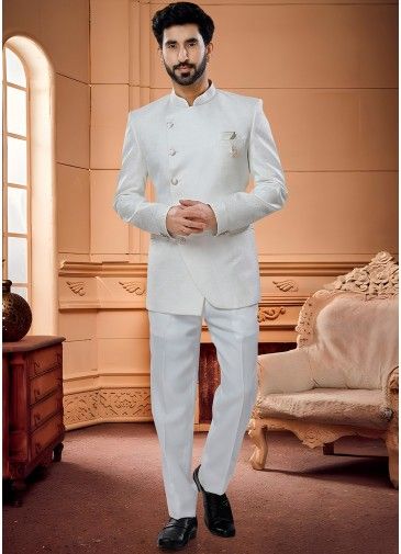 Mens White Woven Bandhgala Jodhpuri Suit