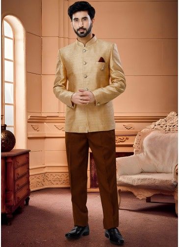 Golden Woven Bandhgala Jodhpuri Suit In Jacquard
