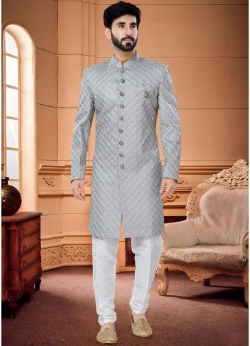 Grey Mens Embroidered Indo Western Sherwani & Pajama
