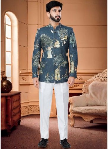 Blue Printed Mens Cotton Bandhgala Jodhpuri Suit