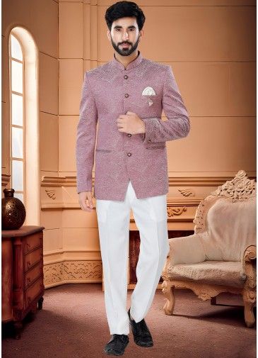 Readymade Pink Woven Bandhgala Jodhpuri Suit