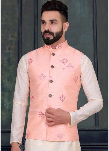 Pink Embroidered Art Silk Readymade Nehru Jacket 