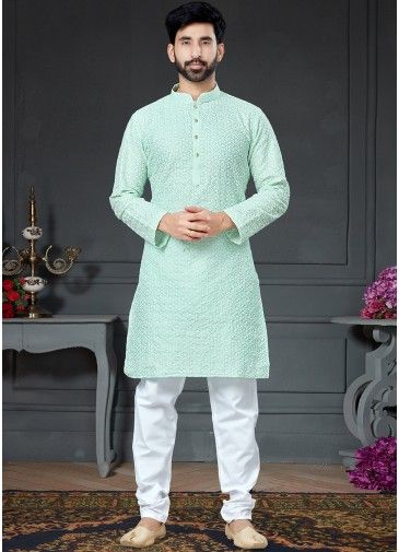 Green Chikankari Mens Kurta Pajama In Cotton Silk