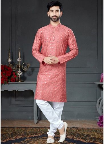 Pink Mens Mirror Work Kurta Pajama In Cotton Silk