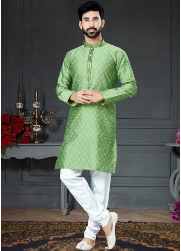 Green Silk Woven Kurta & Pajama Set For Men