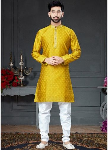 Yellow Mens Festive Kurta Pajama With Woven Motifs