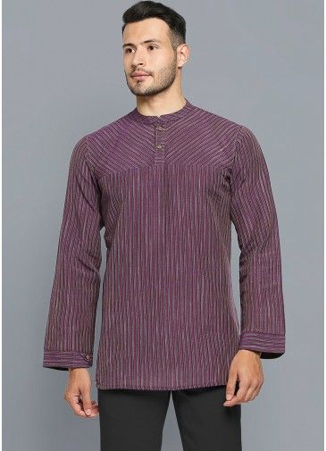 Purple Stripes Printed Short Kurta For Men