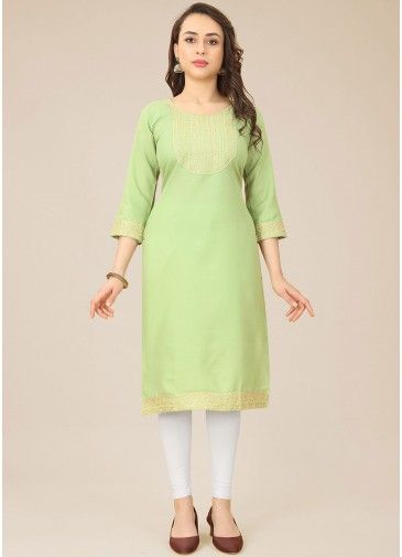 Green Embroidered Kurti In Cotton