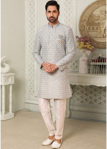 Mens Grey Indo Western Sherwani In Thread Embroidery