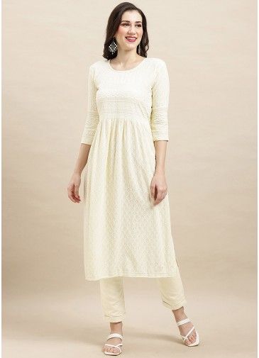 White Embroidered Short Kurti In Rayon