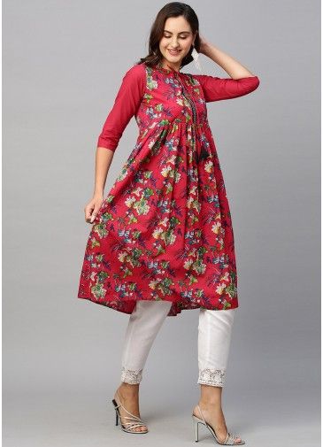 Red Floral Printed Kuri In Cotton