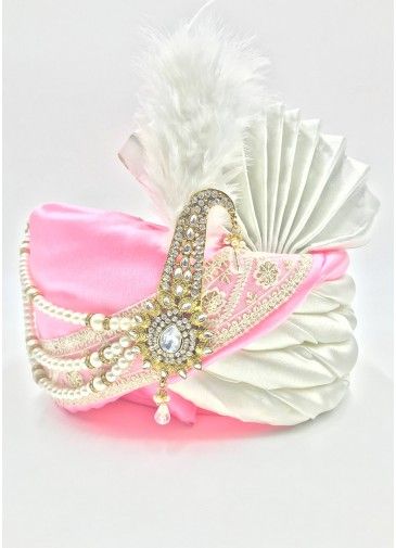 Pink & White Wedding Safa In art Silk