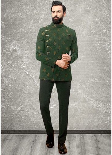 Green Readymade Woven Bandhgala Jodhpuri Jacket
