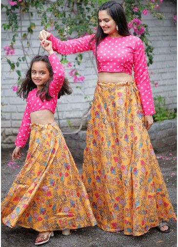 Pink Readymade Skirt Set For Mother & Daughter In Art Silk