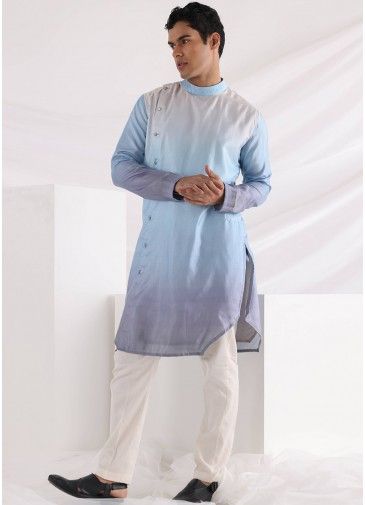 Shaded Blue Printed Festive Kurta With Cotton Pajama