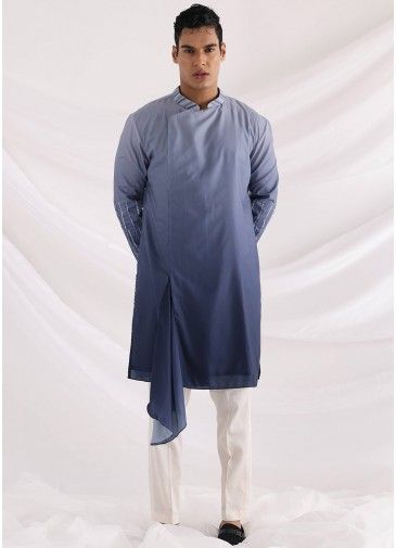 Blue Silk Asymmetric Drape Kurta & Pajama Set