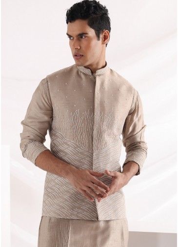 Beige Thread Embroidered Linen Nehru Jacket