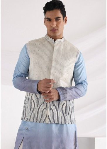 White Thread & Bead Embroidered Nehru Jacket