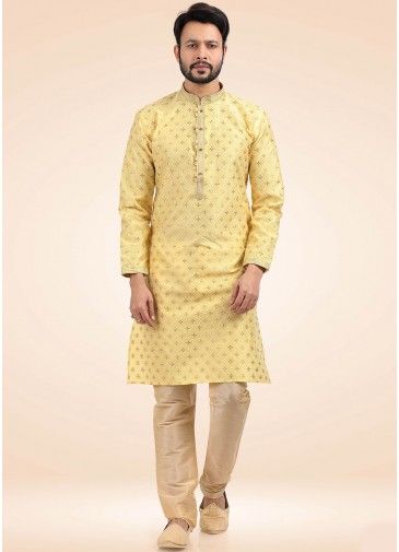 Yellow Readymade Kurta Pajama With Woven Motifs