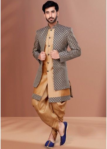 Brown Jacket Style Sherwani With Dhoti