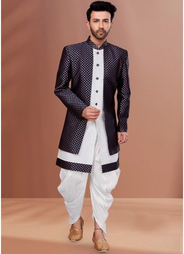 White Woven Jacket Style Sherwani In Jacquard