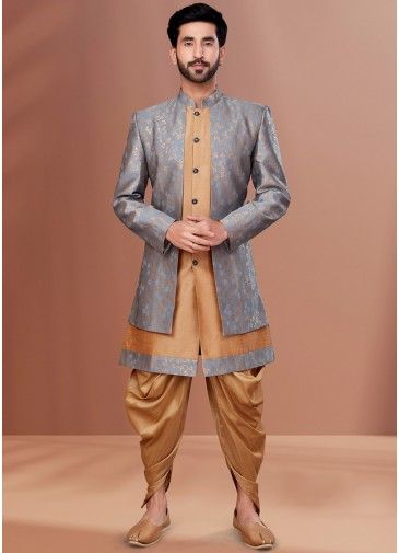 Brown Jacquard Jacket Style Sherwani With Dhoti