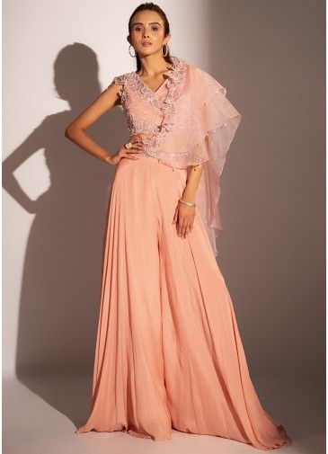 Peach Embroidered Top Palazzo With Draped Dupatta