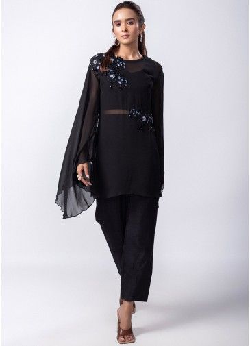 Black Embroidered Top & Bottom In Silk