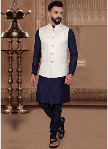 Navy Blue Silk Kurta With Woven Nehru Jacket