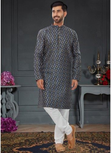Grey Digital Printed Kurta Pajama In Silk