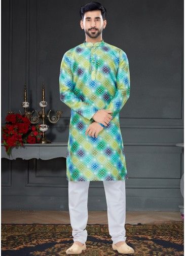 Multicolor Printed Mens Kurta Pajama In Silk