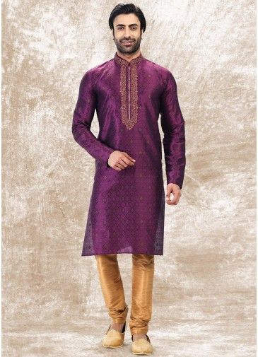 Purple Embroidered Kurta Pajama For Men