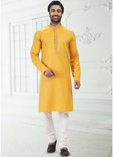 Yellow Cotton Kutrta Pajama For Mens